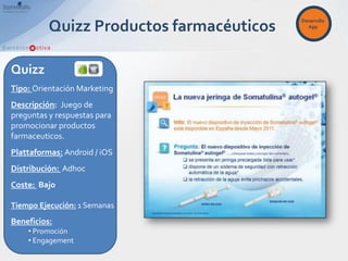 Desarrollo
          Quizz Productos farmacéuticos     App




Quizz
Tipo: Orientación Marketing
Descripción: Juego de
preguntas y respuestas para
promocionar productos
farmaceuticos.
Plattaformas: Android / iOS
            .
Distribución: Adhoc
Coste: Bajo

Tiempo Ejecución: 1 Semanas
Beneficios:
    • Promoción
    • Engagement
 