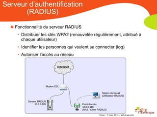 Serveur d’authentification
       (RADIUS)

   Fonctionnalité du serveur RADIUS
     • Distribuer les clés WPA2 (renouvelée régulièrement, attribué à
       chaque utilisateur)
     • Identifier les personnes qui veulent se connecter (log)
     • Autoriser l’accès au réseau




                                                Clusir – 7 mars 2012 – wifi & sécurité
 