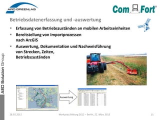Betriebsdatenerfassung und -auswertung
 Erfassung von Betriebszuständen an mobilen Arbeitseinheiten
 Bereitstellung von Importprozessen
  nach ArcGIS
 Auswertung, Dokumentation und Nachweisführung
  von Strecken, Zeiten,
  Betriebszuständen




                         Auswertung




28.03.2012              Markplatz Bildung 2012 – Berlin, 22. März 2012   15
 