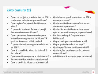 Eixo cultura (1)
       •      Quais os projetos já existentes na BSP                            •   Quais locais que frequentam na BSP e
              podem ser adaptados para o idoso?                                     o que procuram?
       •      Quais ações/serviços infantilizam o                               •   Quais as atividades que oferecemos
              idoso?                                                                atualmente para eles?
       •      O que não pode ser feito e o que já                               •   Quais são as atividades e interesses
              deu errado com os idosos?                                             que atraem o idoso que já possuimos?
       •      Quais personas devemos criar para                                 •   Em busca de quê frequentam a
              entender os segmentos de idosos? E                                    biblioteca?
              qual será o nosso público-alvo?                                   •   O que mais gostam de fazer aqui?
       •      O que mais os idosos gostam de fazer                              •   O que gostariam de fazer aqui?
              na BSP?                                                           •   Qual o perfil atual do idoso na BSP?
       •      Qual é o perfil do idoso do bairro? E                             •   Quais ações produzem pré-conceito
              da cidade?                                                            com o idoso?
       •      Quem é o idoso que vai a bibliotecas?                             •   A biblioteca é atraente para os idosos?
       •      Ao nosso redor tem bastante idosos?
       •      Qual o perfil do idoso da zona norte?


Projeto 3ª Idade | Bliblioteca de São Paulo | Lista de perguntas | 09/03/2012                                   Instituto Tellus   10
 