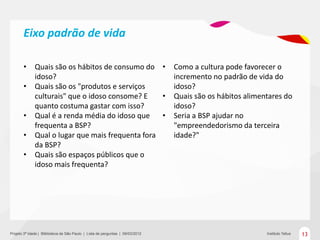 Eixo padrão de vida

       •      Quais são os hábitos de consumo do •                              Como a cultura pode favorecer o
              idoso?                                                            incremento no padrão de vida do
       •      Quais são os "produtos e serviços                                 idoso?
              culturais" que o idoso consome? E    •                            Quais são os hábitos alimentares do
              quanto costuma gastar com isso?                                   idoso?
       •      Qual é a renda média do idoso que    •                            Seria a BSP ajudar no
              frequenta a BSP?                                                  "empreendedorismo da terceira
       •      Qual o lugar que mais frequenta fora                              idade?"
              da BSP?
       •      Quais são espaços públicos que o
              idoso mais frequenta?




Projeto 3ª Idade | Bliblioteca de São Paulo | Lista de perguntas | 09/03/2012                              Instituto Tellus   13
 