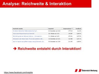 Analyse: Reichweite & Interaktion




           Reichweite entsteht durch Interaktion!




https://www.facebook.com/insights
 