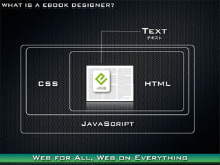 WHAT IS A EBOOK DESIGNER?



                              Text
                              ƥ




       CSS                    HTML



                 JavaScript


      Web for All, Web on Everything
 