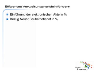 Effizientes Verwaltungshandeln fördern

  Einführung der elektronischen Akte in %
  Bezug Neuer Baubetriebshof in %
 