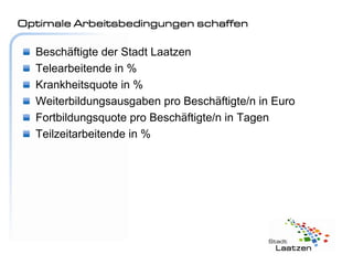Optimale Arbeitsbedingungen schaffen

  Beschäftigte der Stadt Laatzen
  Telearbeitende in %
  Krankheitsquote in %
  Weiterbildungsausgaben pro Beschäftigte/n in Euro
  Fortbildungsquote pro Beschäftigte/n in Tagen
  Teilzeitarbeitende in %
 