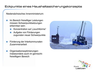 Eckpunkte eines Haushaltssicherungskonzepts

Niedersächsisches Innenministerium:

   Im Bereich freiwilliger Leistungen
   müssen Schwerpunktsetzungen
   erkennbar sein:
      Konzentration auf „Leuchttürme“
      Aufgabe von Förderungen
      zugunsten neuer Schwerpunkte

   Förderung der Interkommunalen
   Zusammenarbeit

   Organisationsoptimierungen
   insbesondere auch im gemischt-
   freiwilligem Bereich
 