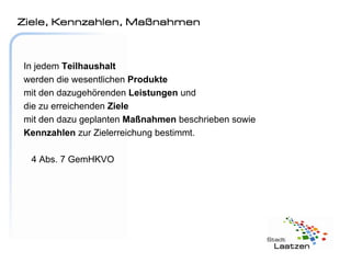 Ziele, Kennzahlen, Maßnahmen



In jedem Teilhaushalt
werden die wesentlichen Produkte
mit den dazugehörenden Leistungen und
die zu erreichenden Ziele
mit den dazu geplanten Maßnahmen beschrieben sowie
Kennzahlen zur Zielerreichung bestimmt.

  4 Abs. 7 GemHKVO
 