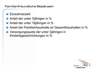 Familienfreundliche Stadt sein

   Einwohnerzahl
   Anteil der unter 7jährigen in %
   Anteil der unter 18jährigen in %
   Anteil der Familienhaushalte an Gesamthaushalten in %
   Versorgungsquote der unter 3jährigen in
   Kindertageseinrichtungen in %
 