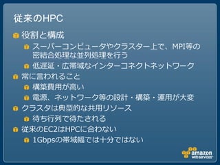 従来のHPC
役割と構成
 スーパーコンピュータやクラスター上で、MPI等の
 密結合処理な並列処理を行う
 低遅延・広帯域なインターコネクトネットワーク
常に言われること
 構築費用が高い
 電源、ネットワーク等の設計・構築・運用が大変
クラスタは典型的な共用リソース
 待ち行列で待たされる
従来のEC2はHPCに合わない
 1Gbpsの帯域幅では十分ではない
 
