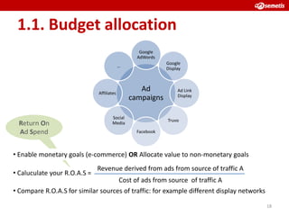 1.1. Budget allocation
                                                  Google
                                                 AdWords
                                                            Google
                                           …
                                                            Display




                              Affiliates
                                                  Ad             Ad Link
                                                                 Display
                                               campaigns

                                     Social
                                                            Truvo
  Return On                          Media
  Ad Spend                                       Facebook



• Enable monetary goals (e-commerce) OR Allocate value to non-monetary goals
                              Revenue derived from ads from source of traffic A
• Caluculate your R.O.A.S =
                                    Cost of ads from source of traffic A
• Compare R.O.A.S for similar sources of traffic: for example different display networks

                                                                                           18
 