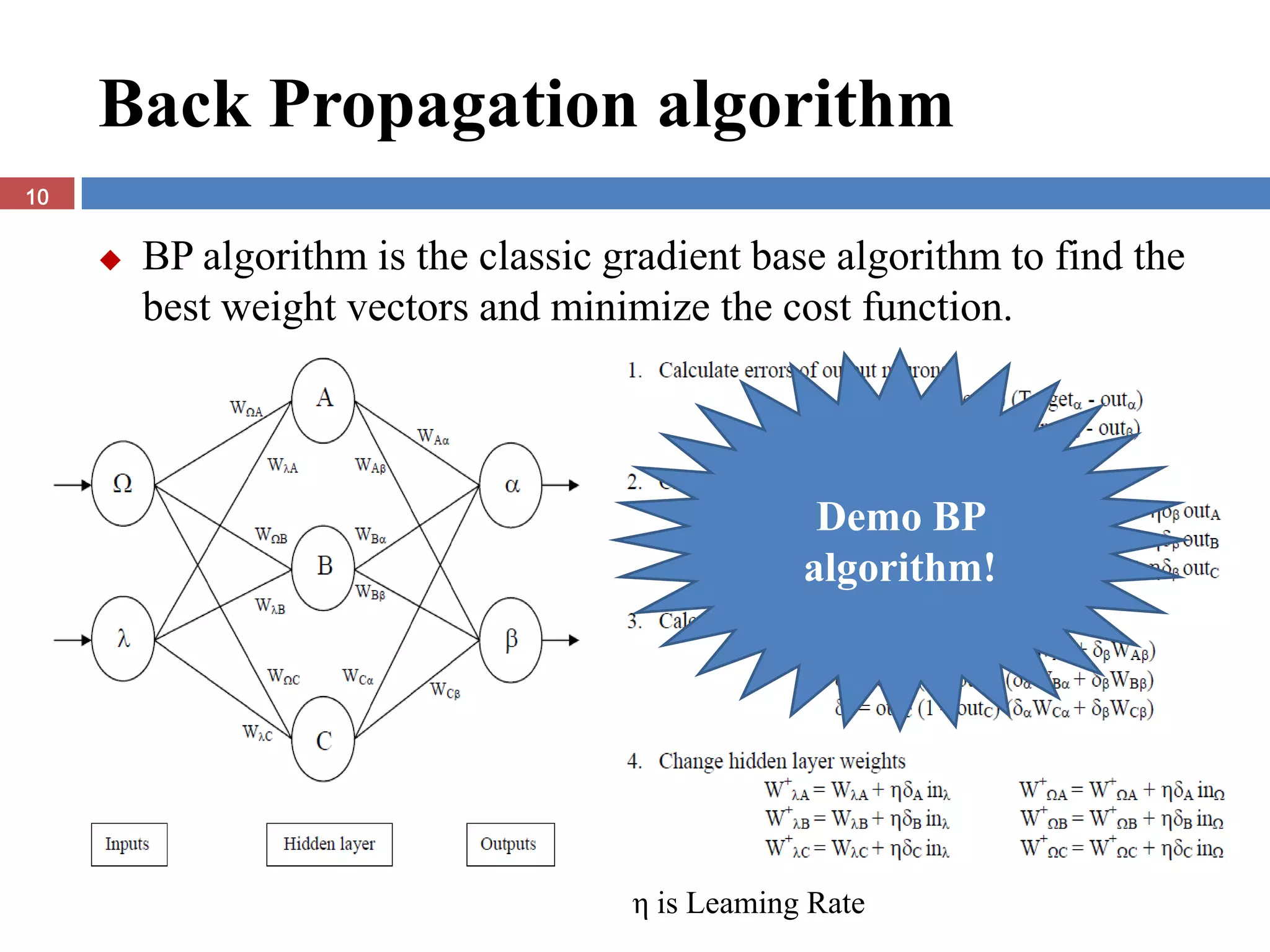 Back Propagation algorithm
10


        BP algorithm is the classic gradient base algorithm to find the
         best weight vectors and minimize the cost function.



                                                   Demo BP
                                                  algorithm!




                                      η is Leaming Rate
 