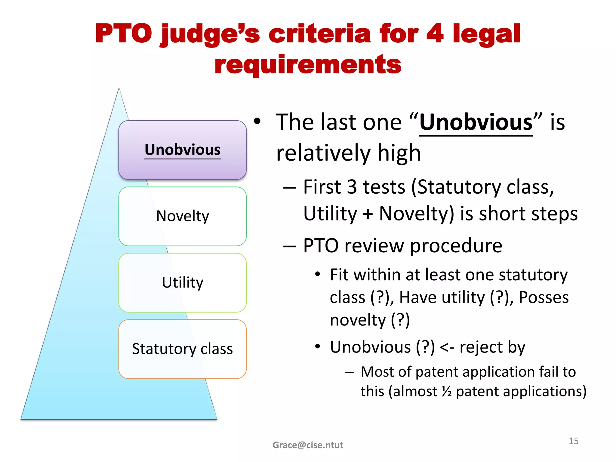 PTO judge’s criteria for 4 legal
        requirements

                    • The last one “Unobvious” is
   Unobvious          relatively high
                       – First 3 tests (Statutory class,
     Novelty             Utility + Novelty) is short steps
                       – PTO review procedure
      Utility                • Fit within at least one statutory
                               class (?), Have utility (?), Posses
                               novelty (?)
  Statutory class            • Unobvious (?) <- reject by
                                       – Most of patent application fail to
                                         this (almost ½ patent applications)


                     Grace@cise.ntut                                     15
 