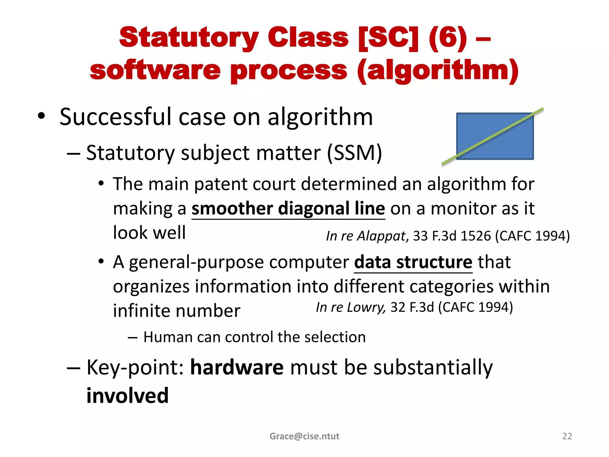 Statutory Class [SC] (6) –
    software process (algorithm)
• Successful case on algorithm
  – Statutory subject matter (SSM)
     • The main patent court determined an algorithm for
       making a smoother diagonal line on a monitor as it
       look well                  In re Alappat, 33 F.3d 1526 (CAFC 1994)
     • A general-purpose computer data structure that
       organizes information into different categories within
       infinite number          In re Lowry, 32 F.3d (CAFC 1994)
         – Human can control the selection
  – Key-point: hardware must be substantially
    involved
                             Grace@cise.ntut                           22
 