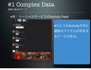 #1 Complex Data
複雑な構成のデータ


 •例：ソーシャルサービスのActivity Feed

                    •ひとつのActivityの中に
                    複数のアイテムが...