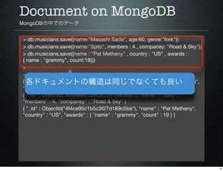 Document on MongoDB
MongoDBの中でのデータ


> db.musicians.save({name:"Masashi Sada", age:60, genre:"fork"})
> db.musicians.save(...