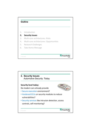 5/26/2012




Outline



1.         Introduction
2.         Security Issues 
3.         Multi‐core architectures: Risks
4.         Multi‐core architectures: Opportunities
5.
5          Research Challenges
           Research Challenges
6.         Take Home Message


©C. Eckert, AISEC,




2. Security Issues
   Automotive Security: Today

Security level today: 
Security level today:
Do modern cars already provide 
• Secure execution environment?
• Hardened ECUs or security modules to reduce 
  vulnerabilities? 
• Security services like intrusion detection, access 
  controls, self‐monitoring?


©C. Eckert, AISEC,

                                                        6




                                                                   3
 