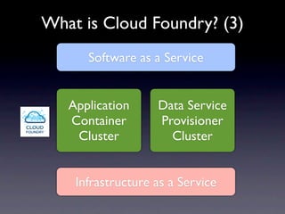What is Cloud Foundry? (3)
      Software as a Service


   Application     Data Service
   Container       Provisioner
    Cluster          Cluster


    Infrastructure as a Service
 