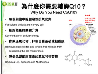為什麼你需要輔酶Q10？
                        Why Do You Need CoQ10?
                                                           粒線體

• 每個細胞中的脂溶性抗氧化劑                                       細胞
                                                           含有生成三磷
                                                           酸腺苷所需的
                                                           輔酶Q10
Fat-soluble antioxidant in every cell

• 細胞能量的關鍵介質
Key mediator of cellular energy

• 排除過氧化物，抑制自由基破壞細胞膜
Removes superoxides and inhibits free radicals from
   destructing the cell membranes.

• 降低低密度脂蛋白的氧化和核苷酸
Reduces LDL oxidation and Nucleotides
 