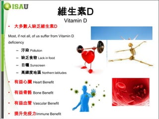 維生素D
                                      Vitamin D
• 大多數人缺乏維生素D

Most, if not all, of us suffer from Vitamin D
deficiency

     – 汙染 Pollution
     – 缺乏食物 Lack in food
     – 日曬 Sunscreen
     – 高緯度地區 Northern latitudes

• 有益心臟 Heart Benefit

• 有益骨骼 Bone Benefit

• 有益血管 Vascular Benefit

• 提升免疫力Immune Benefit
 