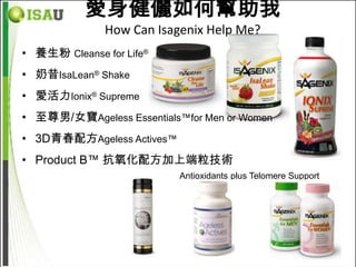 愛身健儷如何幫助我
               How Can Isagenix Help Me?
• 養生粉 Cleanse for Life®
• 奶昔IsaLean® Shake
• 愛活力Ionix® Supreme
• 至尊男/女寶Ageless Essentials™for Men or Women
• 3D青春配方Ageless Actives™
• Product B™ 抗氧化配方加上端粒技術
                           Antioxidants plus Telomere Support
 