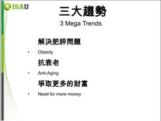 三大趨勢
                 3 Mega Trends


    解決肥胖問題
•   Obesity

    抗衰老
•   Anti-Aging

    爭取更多的財富
•   Need for more money
 