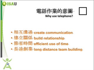 電話作業的意圖
 Why use telephone?
                      �
 