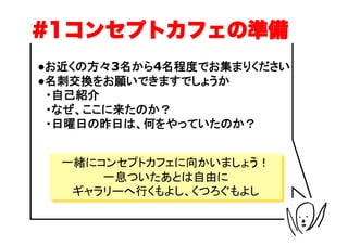 #1コンセプトカフェの準備
●お近くの方々3名から4名程度でお集まりください
●名刺交換をお願いできますでしょうか
　・自己紹介
　・なぜ、ここに来たのか？
　・日曜日の昨日は、何をやっていたのか？


  一緒にコンセプトカフェに向かいましょう！
      一息ついたあとは自由に
   ギャラリーへ行くもよし、くつろぐもよし
 
