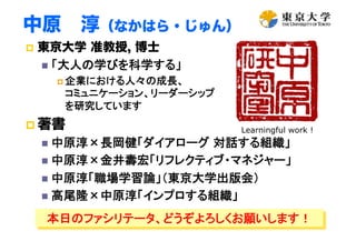 中原 淳（なかはら・じゅん）
  東京大学 准教授, 博士	
   「大人の学びを科学する」	
     企業における人々の成長、 
    コミュニケーション、リーダーシップ 
    を研究しています	
  著書                    Learningful work ! 	
   中原淳×長岡健「ダイアローグ 対話する組織」	
   中原淳×金井壽宏「リフレクティブ・マネジャー」	
   中原淳「職場学習論」（東京大学出版会）	
   高尾隆×中原淳「インプロする組織」	

  本日のファシリテータ、どうぞよろしくお願いします！	
 