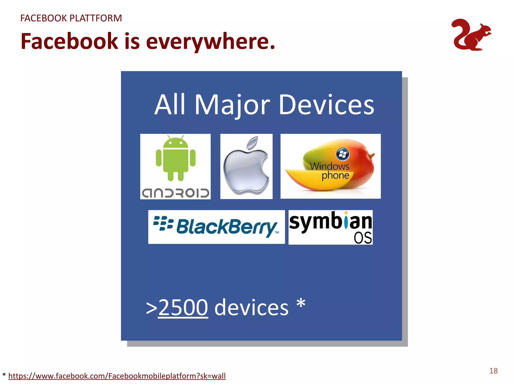 FACEBOOK PLATTFORM

    Facebook is everywhere.

                                      All Major Devices




                                    >2500 devices *

                                                            18
* https://www.facebook.com/Facebookmobileplatform?sk=wall
 