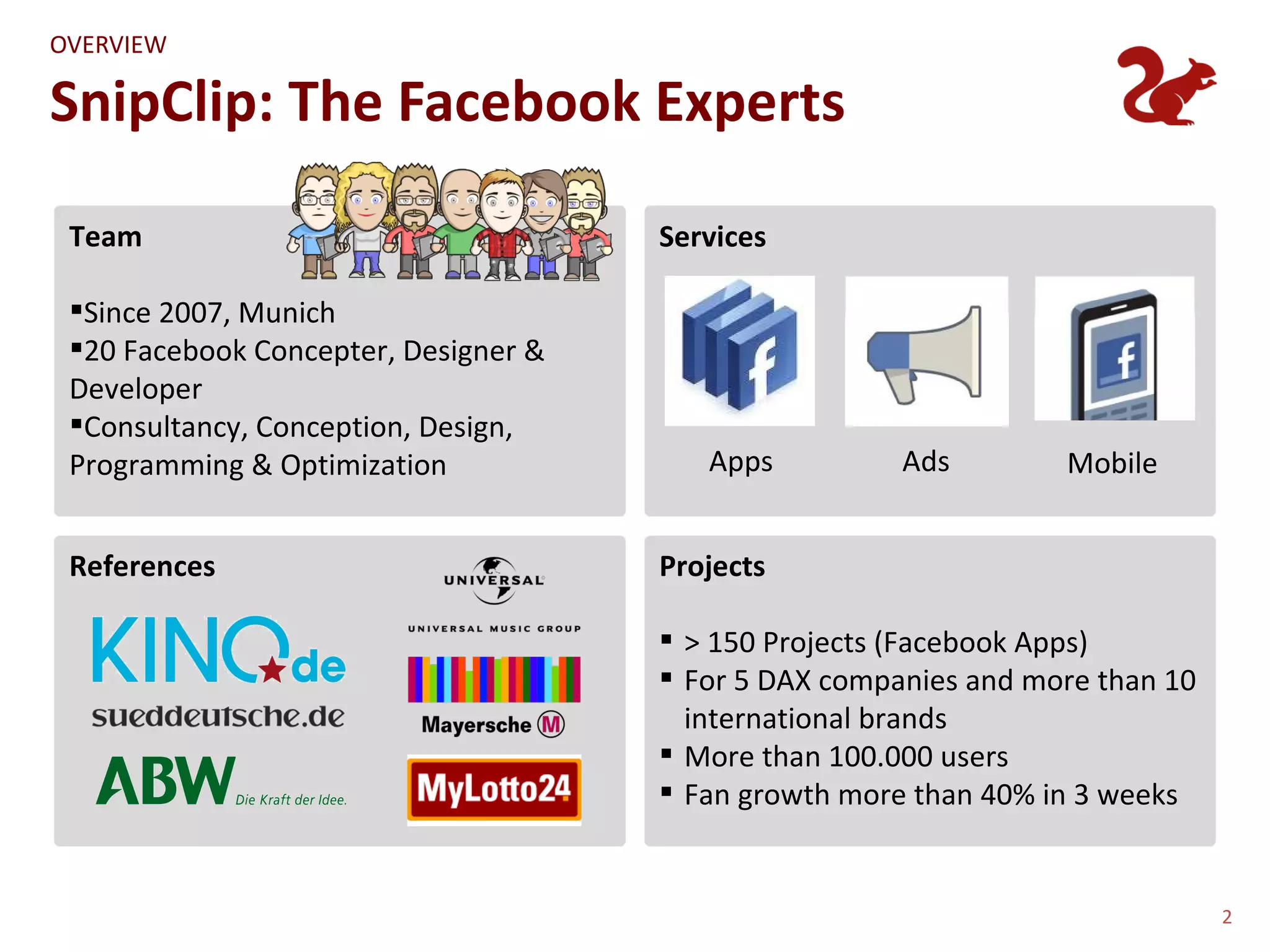 OVERVIEW

SnipClip: The Facebook Experts

 Team                                 Services

 Since 2007, Munich
 20 Facebook Concepter, Designer &
 Developer
 Consultancy, Conception, Design,
 Programming & Optimization              Apps          Ads        Mobile


 References                           Projects

                                       > 150 Projects (Facebook Apps)
                                       For 5 DAX companies and more than 10
                                        international brands
                                       More than 100.000 users
                                       Fan growth more than 40% in 3 weeks


                                                                               2
 