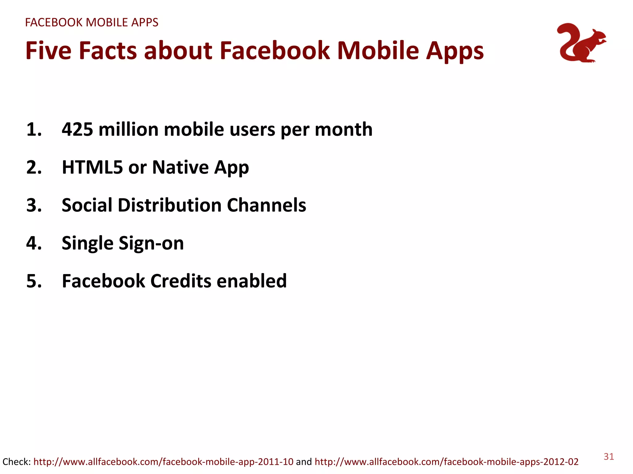 FACEBOOK MOBILE APPS

    Five Facts about Facebook Mobile Apps

    1. 425 million mobile users per month
    2. HTML5 or Native App
    3. Social Distribution Channels
    4. Single Sign-on
    5. Facebook Credits enabled




Check: http://www.allfacebook.com/facebook-mobile-app-2011-10 and http://www.allfacebook.com/facebook-mobile-apps-2012-02   31
 