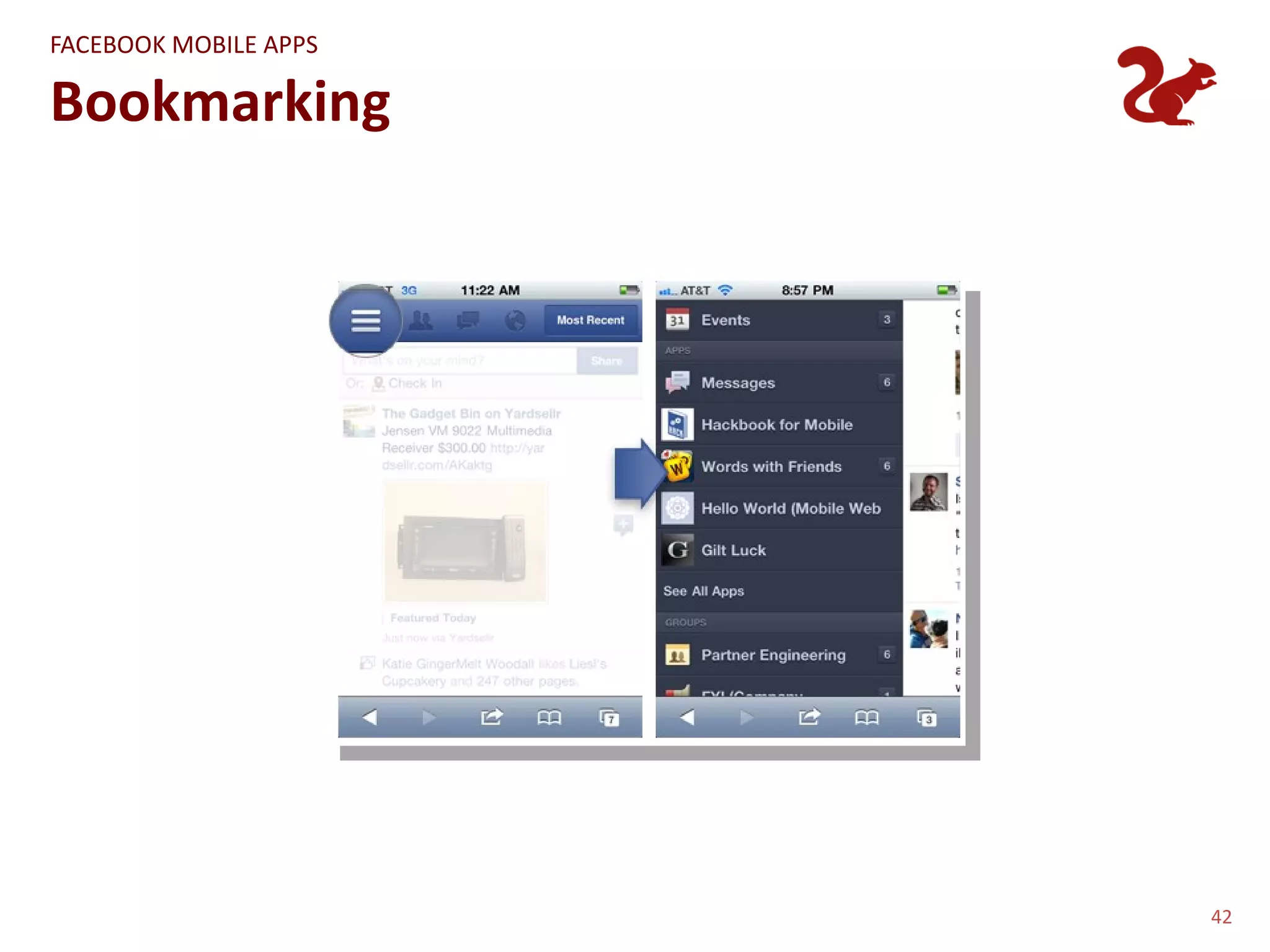 FACEBOOK MOBILE APPS

Bookmarking




                       42
 