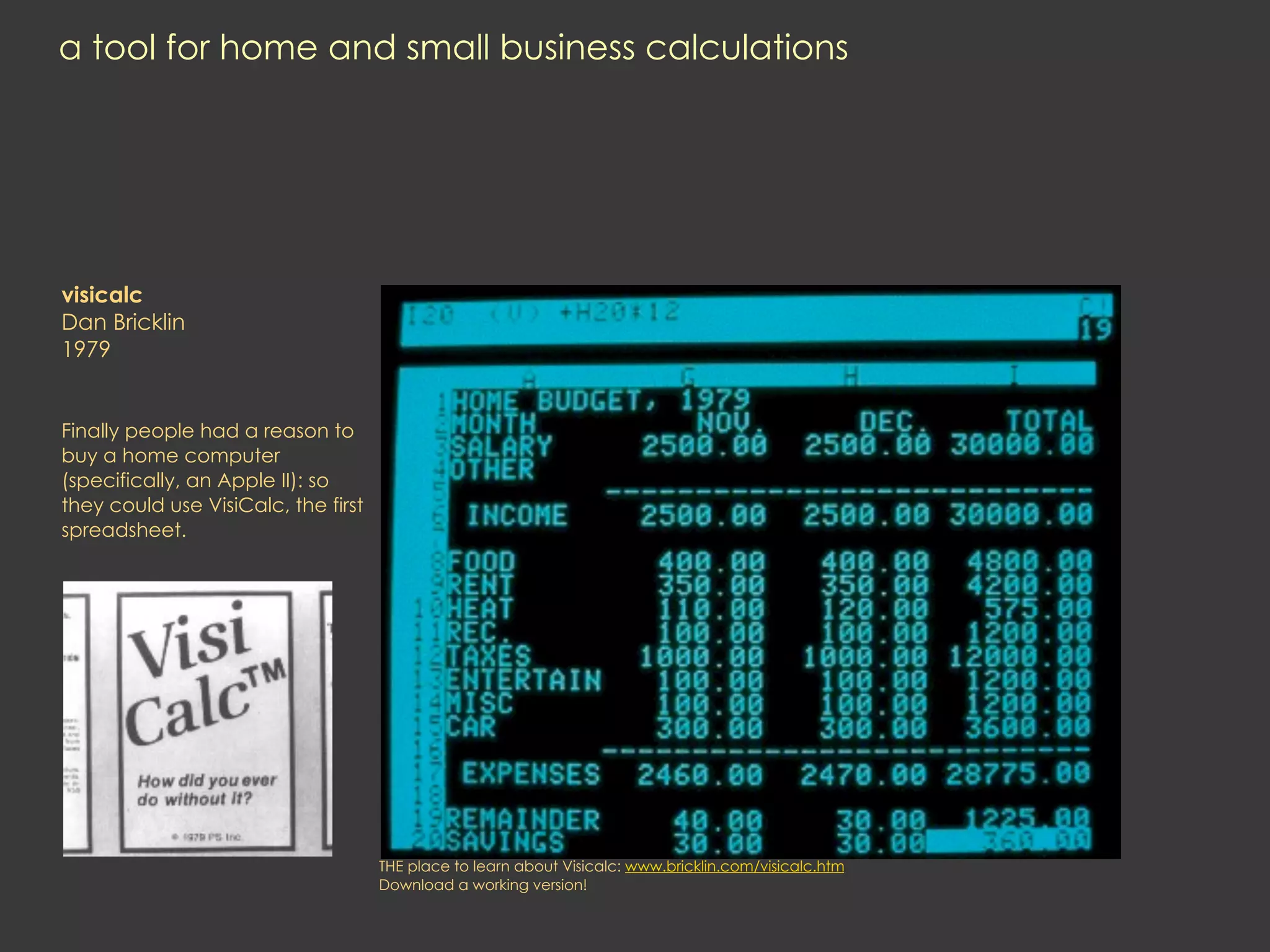 a tool for home and small business calculations




visicalc
Dan Bricklin
1979


Finally people had a reason to
buy a home computer
(specifically, an Apple II): so
they could use VisiCalc, the first
spreadsheet.




                                     THE place to learn about Visicalc: www.bricklin.com/visicalc.htm
                                     Download a working version!
 