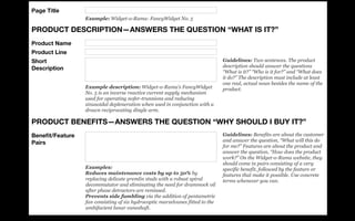Page Title
                 Example: Widget-o-Rama: FancyWidget No. 5

PRODUCT DESCRIPTION—ANSWERS THE QUESTION “WHAT IS IT?”
Product Name
Product Line
Short                                                                          Guidelines: Two sentences. The product
                                                                               description should answer the questions
Description
                                                                               “What is it?” “Who is it for?” and “What does
                                                                               it do?” The description must include at least
                                                                               one real, actual noun besides the name of the
                 Example description: Widget-o-Rama’s FancyWidget              product.
                 No. 5 is an inverse reactive current supply mechanism
                 used for operating nofer-trunnions and reducing
                 sinusoidal depleneration when used in conjunction with a
                 drawn reciprocating dingle arm.

PRODUCT BENEFITS—ANSWERS THE QUESTION “WHY SHOULD I BUY IT?”
Beneﬁt/Feature                                                                 Guidelines: Benefits are about the customer
Pairs                                                                          and answer the question, “What will this do
                                                                               for me?” Features are about the product and
                                                                               answer the question, “How does the product
                                                                               work?” On the Widget-o-Rama website, they
                                                                               should come in pairs consisting of a very
                 Examples:                                                     specific benefit, followed by the feature or
                 Reduces maintenance costs by up to 50% by                     features that make it possible. Use concrete
                 replacing delicate gremlin studs with a robust spiral         terms whenever you can.
                 decommutator and eliminating the need for drammock oil
                 after phase detractors are remissed.
                 Prevents side fumbling via the addition of pentametric
                 fan consisting of six hydrocoptic marzelvanes fitted to the
                 ambifacient lunar vaneshaft.
 