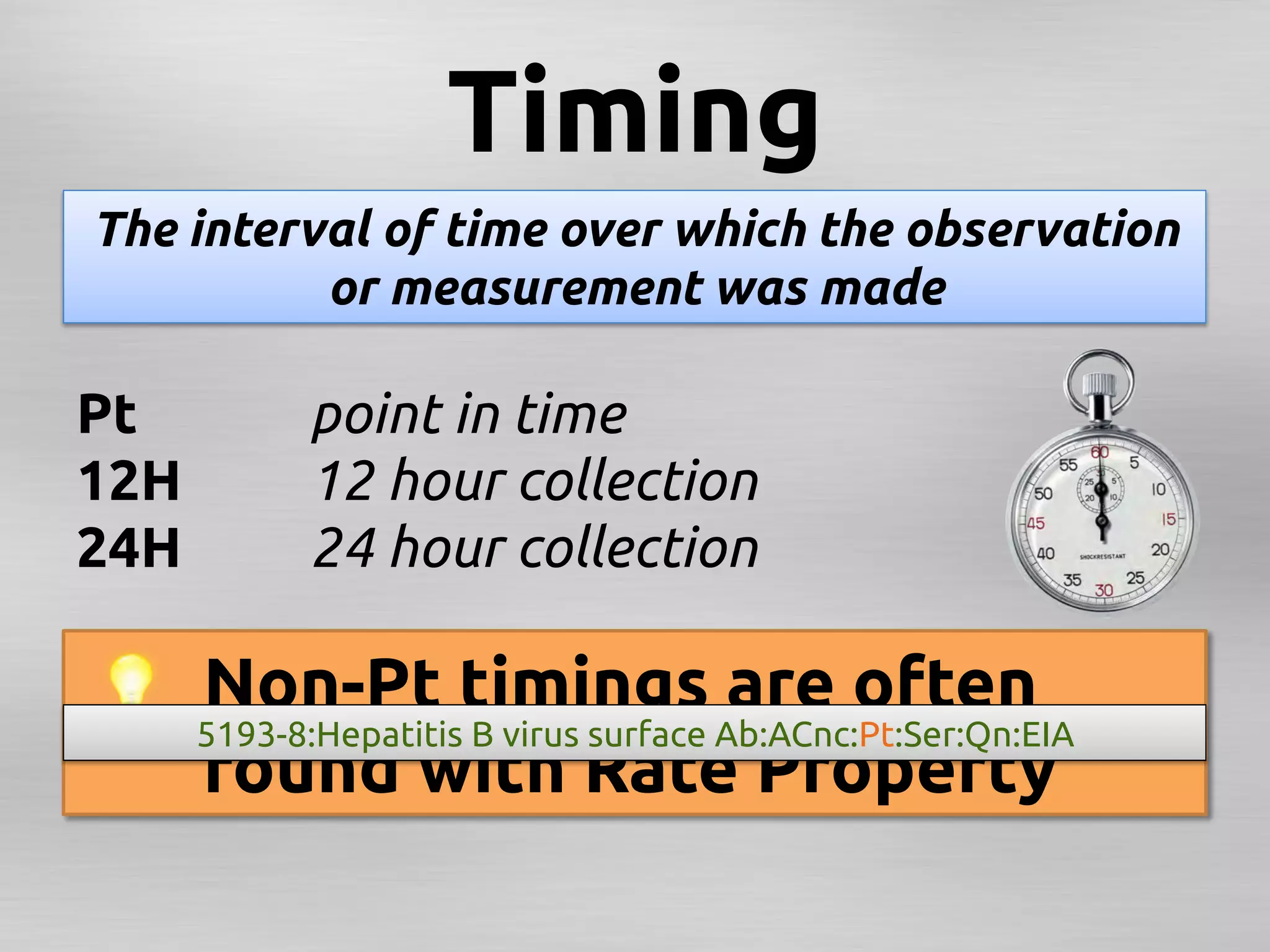Timing	
The interval of time over which the observation
          or measurement was made	

Pt	
           point in time	
12H	
          12 hour collection	
24H	
          24 hour collection	

        Non-Pt timings are often 	
        5193-8:Hepatitis B virus surface Ab:ACnc:Pt:Ser:Qn:EIA	
        found with Rate Property	
 