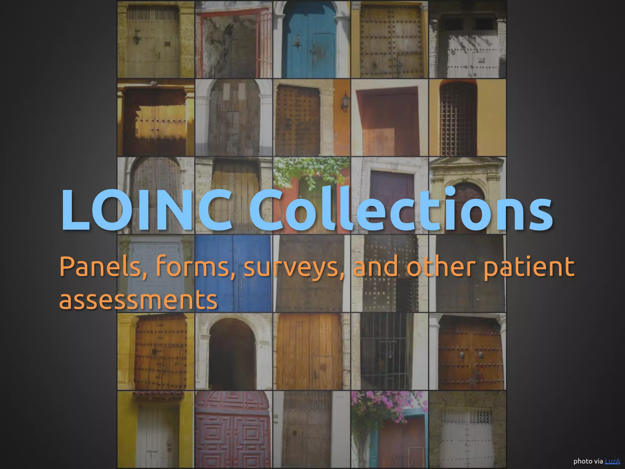 LOINC Collections	
Panels, forms, surveys, and other patient
assessments	




                                        photo via LuzA	
 