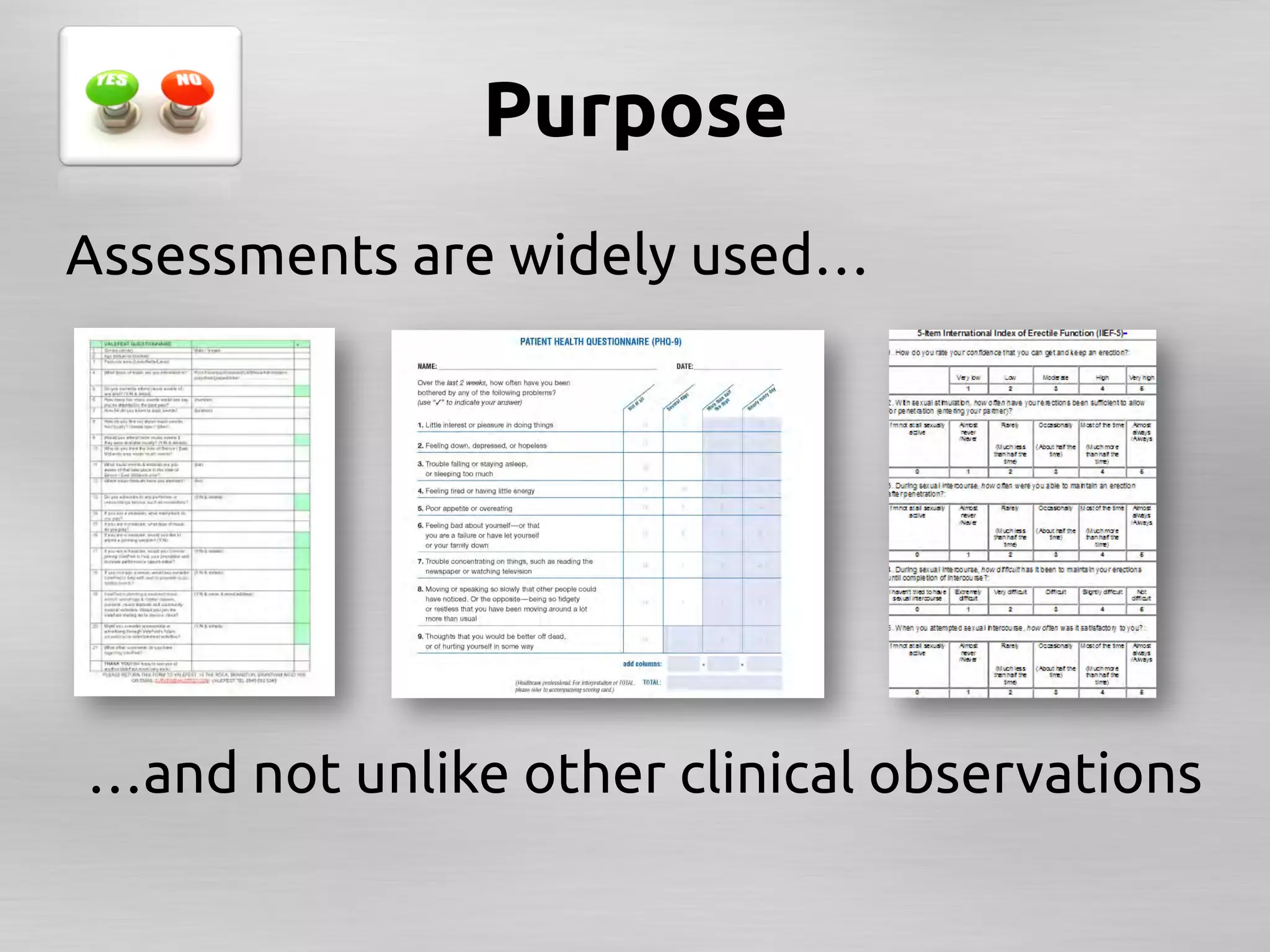 Purpose	
Assessments are widely used…	




…and not unlike other clinical observations	
	
 