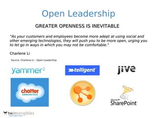 Open Leadership
                   GREATER OPENNESS IS INEVITABLE

“As your customers and employees become more adept at using social and
other emerging technologies, they will push you to be more open, urging you
to let go in ways in which you may not be comfortable.”

Charlene Li
Source: Charlene Li – Open Leadership
 