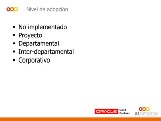 Nivel de adopción
 No implementado
 Proyecto
 Departamental
 Inter-departamental
 Corporativo
 