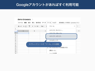 Googleアカウントがあればすぐ利用可能




    スプレッドシートの「ツール」から起動
 