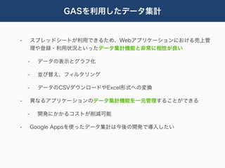 GASを利用したデータ集計


-       スプレッドシートが利用できるため、Webアプリケーションにおける売上管
        理や登録・利用状況といったデータ集計機能と非常に相性が良い

    -    データの表示とグラフ化

    -    並び替え、フィルタリング

    -    データのCSVダウンロードやExcel形式への変換

-       異なるアプリケーションのデータ集計機能を一元管理することができる

    -    開発にかかるコストが削減可能

-       Google Appsを使ったデータ集計は今後の開発で導入したい
 