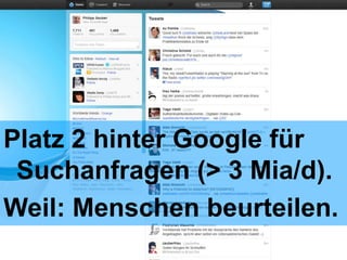 Platz 2 hinter Google für
 Suchanfragen (> 3 Mia/d).
Weil: Menschen beurteilen.
 