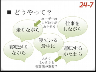  どうやって？
         ユーザーは
         こだわりが    仕事を
          ありそう
 走りながら           しながら

        寝ている
寝転がり     最中に     運転する
 ながら             かたわら
         大きく
        はっきりと
       視認性が重要？
 