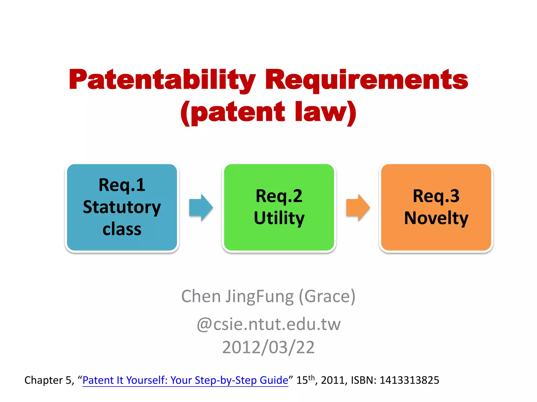 Patentability Requirements
               (patent law)

             Req.1
                                              Req.2                           Req.3
           Statutory
                                              Utility                        Novelty
             class


                                Chen JingFung (Grace)
                                 @csie.ntut.edu.tw
                                    2012/03/22
Chapter 5, “Patent It Yourself: Your Step-by-Step Guide” 15th, 2011, ISBN: 1413313825
 