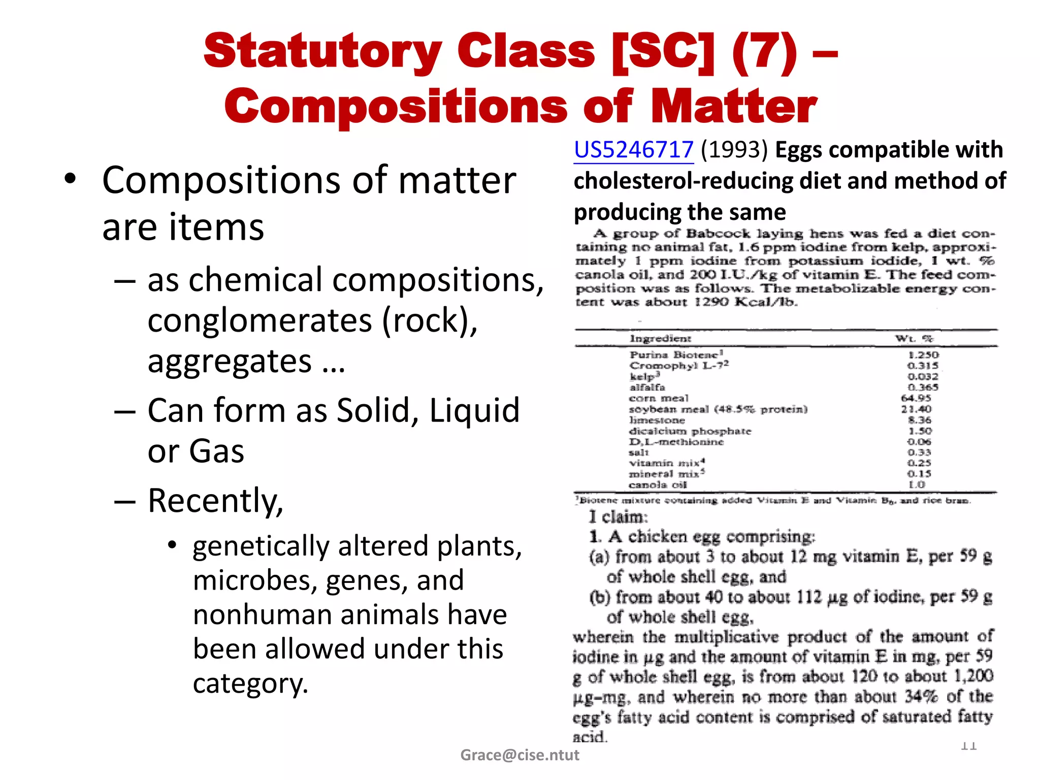 Statutory Class [SC] (7) –
        Compositions of Matter
                                          US5246717 (1993) Eggs compatible with
• Compositions of matter                  cholesterol-reducing diet and method of
                                          producing the same
  are items
  – as chemical compositions,
    conglomerates (rock),
    aggregates …
  – Can form as Solid, Liquid
    or Gas
  – Recently,
     • genetically altered plants,
       microbes, genes, and
       nonhuman animals have
       been allowed under this
       category.
                                                                            11
                            Grace@cise.ntut
 