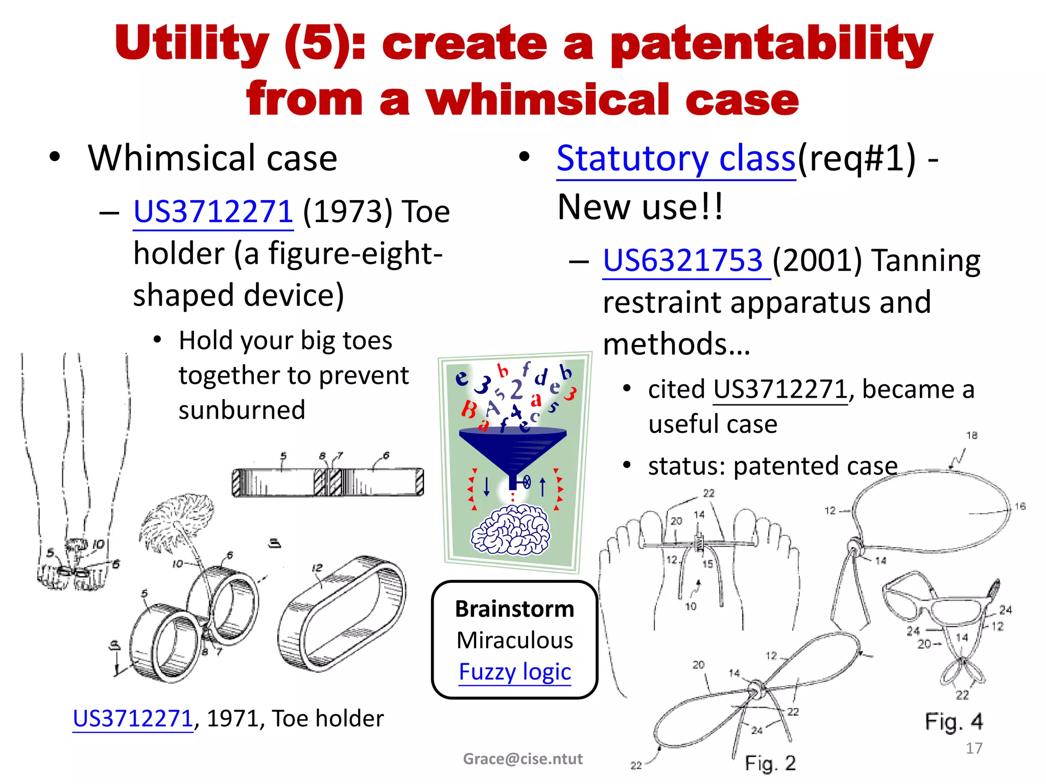 Utility (5): create a patentability
          from a whimsical case
• Whimsical case                     • Statutory class(req#1) -
   – US3712271 (1973) Toe              New use!!
     holder (a figure-eight-                – US6321753 (2001) Tanning
     shaped device)                           restraint apparatus and
       • Hold your big toes                   methods…
         together to prevent                     • cited US3712271, became a
         sunburned                                 useful case
                                                 • status: patented case



                               Brainstorm
                               Miraculous
                               Fuzzy logic
 US3712271, 1971, Toe holder
                                                                           17
                               Grace@cise.ntut
 