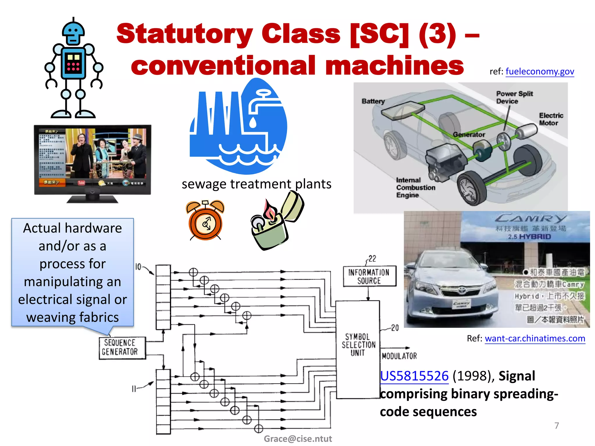 Statutory Class [SC] (3) –
                  conventional machines                                ref: fueleconomy.gov




                       sewage treatment plants

 Actual hardware
   and/or as a
   process for
 manipulating an
electrical signal or
 weaving fabrics
                                                                  Ref: want-car.chinatimes.com


                                                     US5815526 (1998), Signal
                                                     comprising binary spreading-
                                                     code sequences
                                                                                      7
                                   Grace@cise.ntut
 