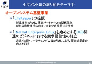 © 2012 SIOS Technology, Inc.
セグメント毎の取り組みテーマ①
オープンシステム基盤事業
「LifeKeeper」の拡販
– 製品機能の強化、販売パートナーとの関係強化
– 新たな商機獲得に向け、協業や市場開拓を推進
「Red Hat Enterprise Linux」を始めとするOSS関
連のビジネスにおける競争優位性の確立
– 営業・技術・マーケティングの機能強化により、顧客満足度の
向上を図る
27
 