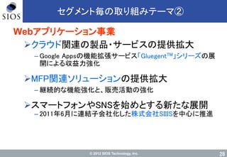 © 2012 SIOS Technology, Inc.
セグメント毎の取り組みテーマ②
Webアプリケーション事業
クラウド関連の製品・サービスの提供拡大
– Google Appsの機能拡張サービス「GluegentTM」シリーズの展
開による収益力強化
MFP関連ソリューションの提供拡大
– 継続的な機能強化と、販売活動の強化
スマートフォンやSNSを始めとする新たな展開
– 2011年6月に連結子会社化した株式会社SIIISを中心に推進
28
 