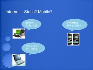 Internet C Static? Mobile?

           STATIC!           DYNAMIC!
           ?????             ??? ???




           ?? + ??
           ?????
 